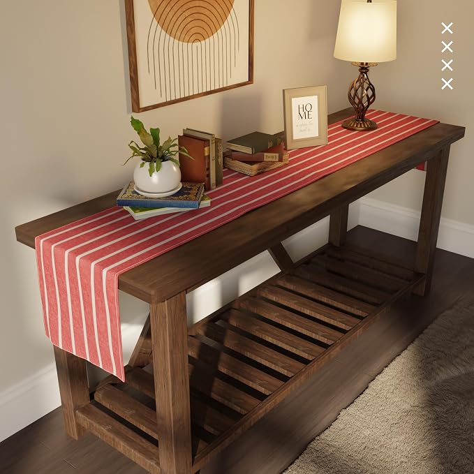 Encasa XO Cotton Dining Table Runner | Roma Red Stripes | Size 13x72 in - Image 2