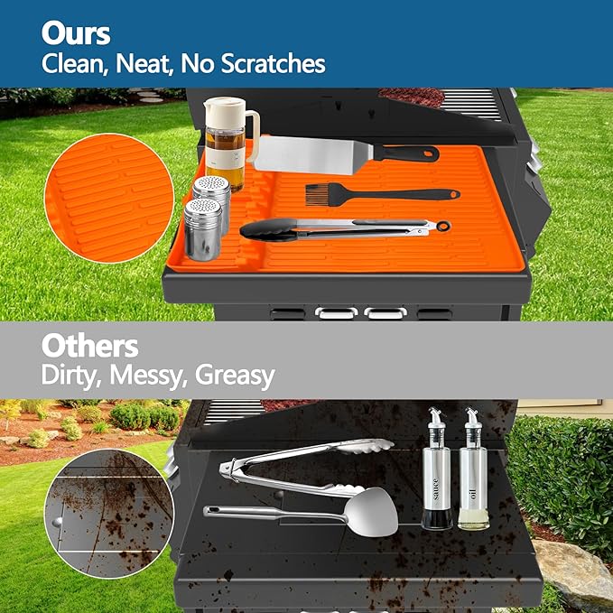 Silicone Grill Mat, 16 x 11.5 Inch Orange with 8 Tableware Slots