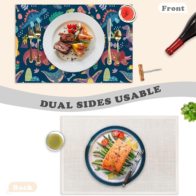 Dinosaur Placemats Set of 6, Cute Tropical Leaves Heat Resistant Table Mats - Image 3