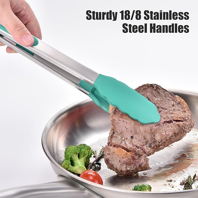 Stainless Steel Locking Kitchen Tongs with Silicone Tips, Aqua Sky