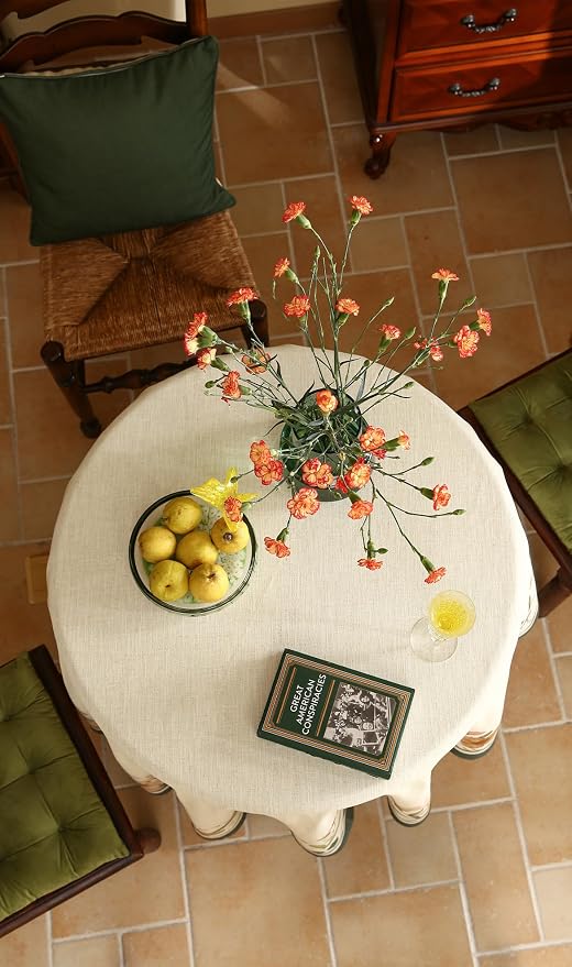 Designer Vintage French Small Round Tablecloth, Linen Shabby Chic Floral - Image 4