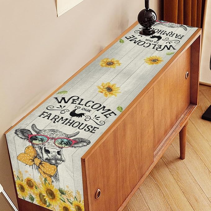Farmhouse Cow Table Runner, Rustic Yellow Sunflower Floral Buffalo Animals - Image 3