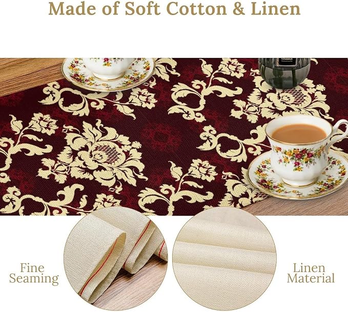 Red Damask Table Runner, Gothic Boho Baroque Style Floral Flower Antique - Image 6