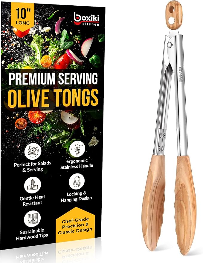 Tongs, 12 Inch Olive Wood with Stainless Steel Grip, Brown