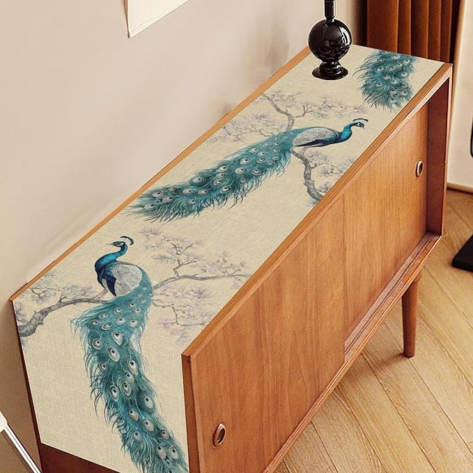 Peacock Table Runner, Retro Rustic Traditional Chinese Style Blossom Branch - Image 2
