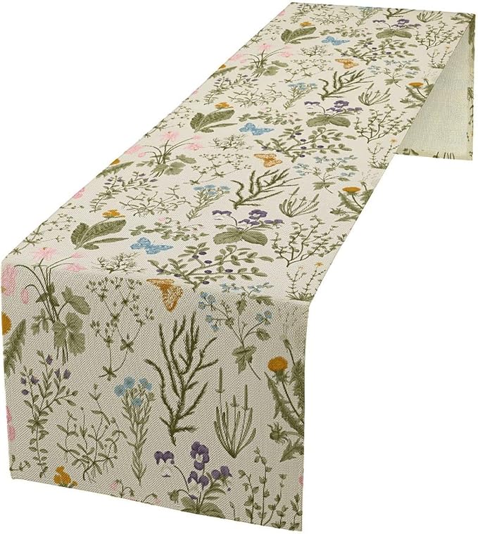 Vintage Wildflower Table Runner, Spring Floral Herbs Botanical Summer Butterfly by Unknown