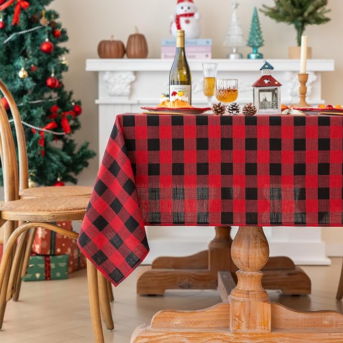 Gingham Christmas Tablecloth Heavy Duty Cotton Blend Red 60x102 inch Plaid - Image 2