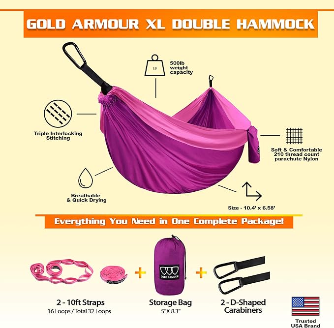 Hammock, Extra Large Double Camping Hammock in Fuchsia and Pink