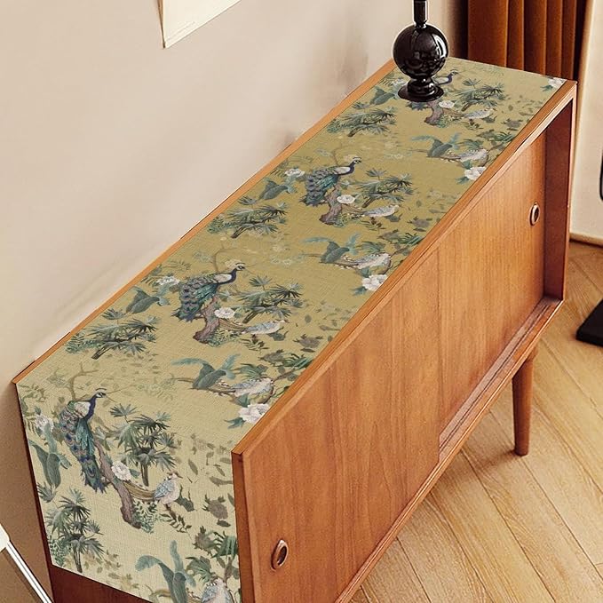Asian Table Runner, Ruatic Traditionla Chinese Style Penoy Floral Branch Table - Image 2