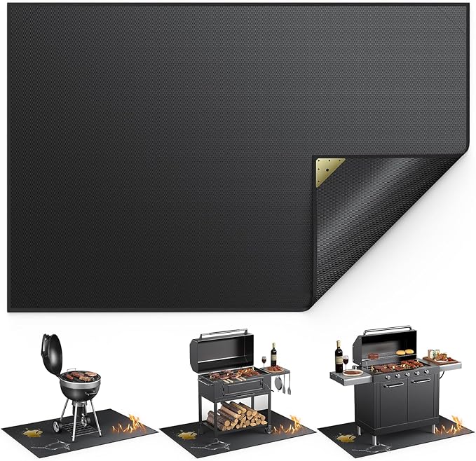 Under Grill Mat, 60 x 40 Inch Black Fiberglass Silicone-Coated Pad