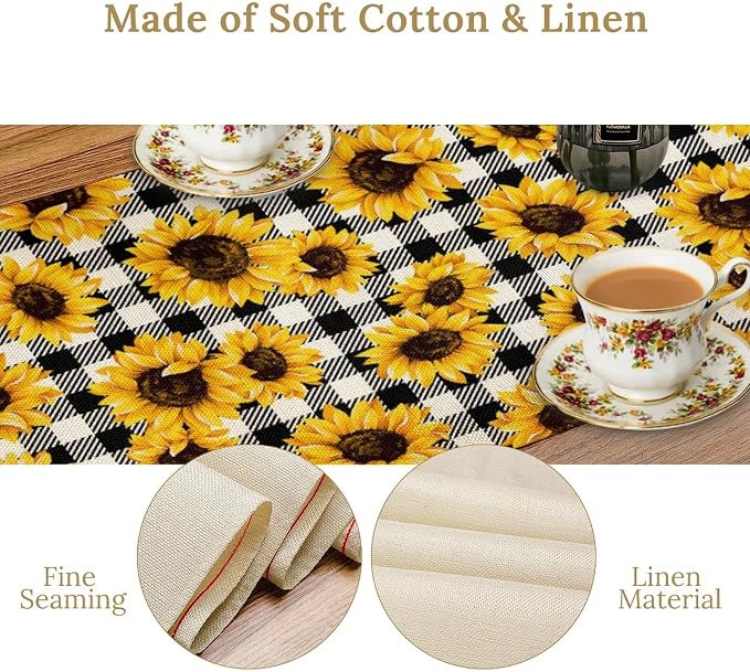 Summer Sunflower Table Runner, Sunshine Seasonal Buffalo Plaid Table Runner - Image 4