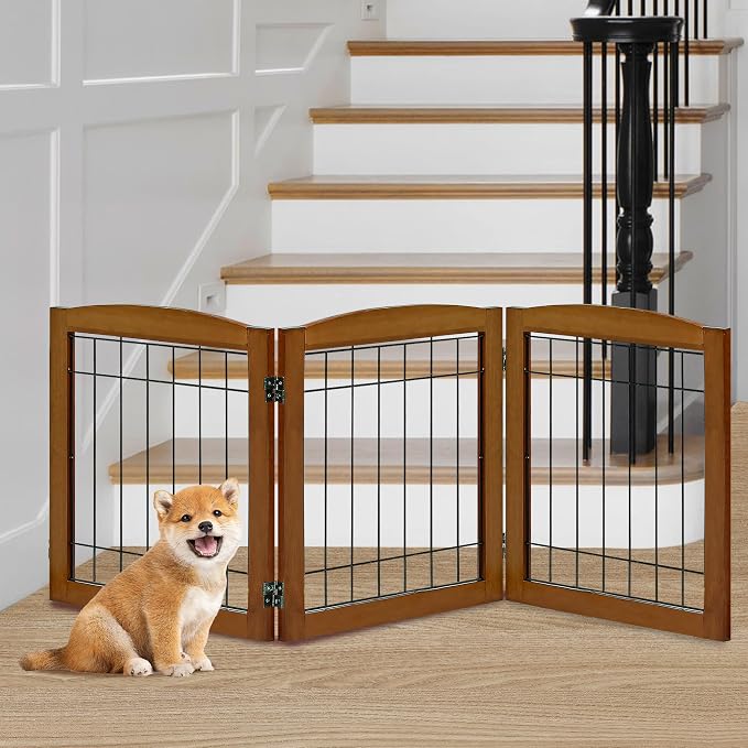 LZRS 3-Panel Freestanding Foldable Wooden Dog Gate –Solid Wood & Steel Wire by LZRSPET