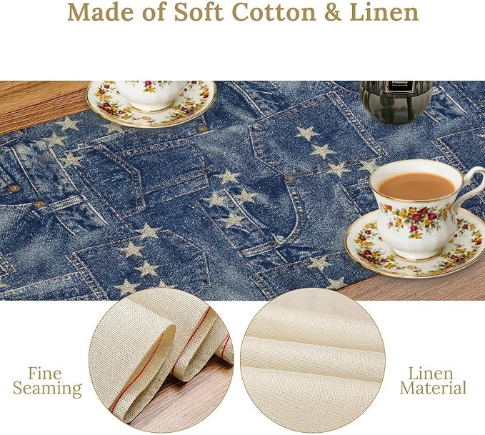 Patchwork Table Runner, Vintage Romance Jeans Pentagram Splicing Print Table - Image 4