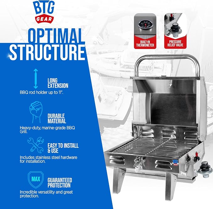 Tailwaves Marine Grill w/Rod Holder Mount | Stainless Steel | Propane BBQ - Image 5