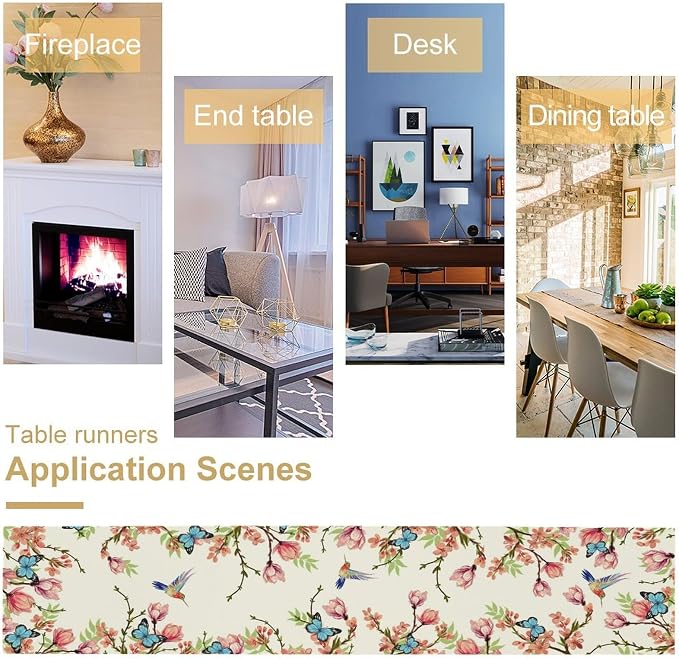 Spring Flower Table Runner, Seasonal Rustic Garden Flowers Bird Butterfly Print - Image 5