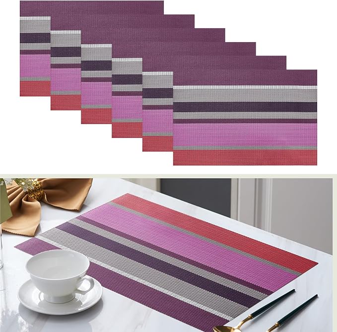 Set of 6 Colorful Striped Vinyl Placemats Heat-Resistant Washable Placemats by Unknown