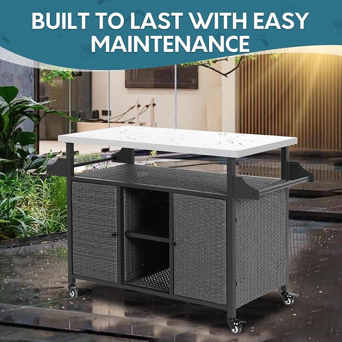 Outdoor Wicker Grill Cart with Storage Cabinet, Outdoor Moveable Bar with - Image 7