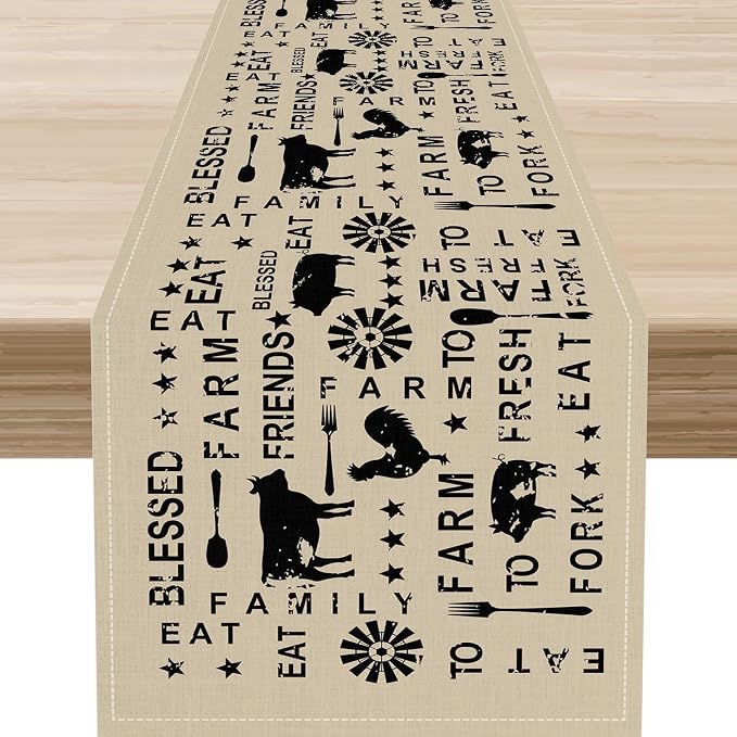Farm Animals Table Runner, Rustic Farmhouse Cow Pig Rooster Coffee Table Center by Unknown