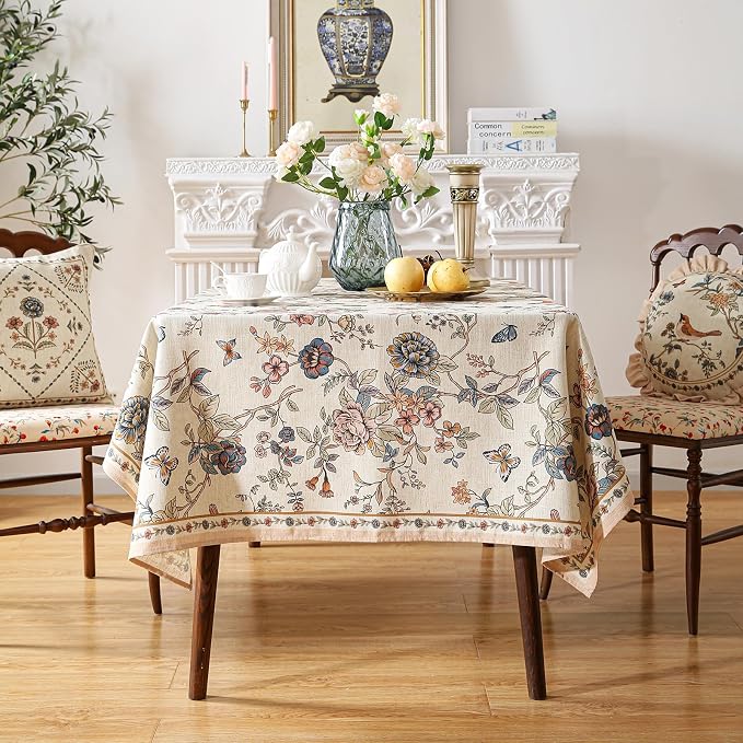 ISAENNE Designer French Light Beige Long Tablecloth Rectangle, Linen Florals - Image 3