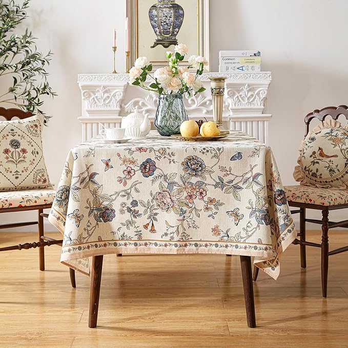 ISAENNE Designer French Light Beige Tablecloth Rectangular, Linen Florals and - Image 3