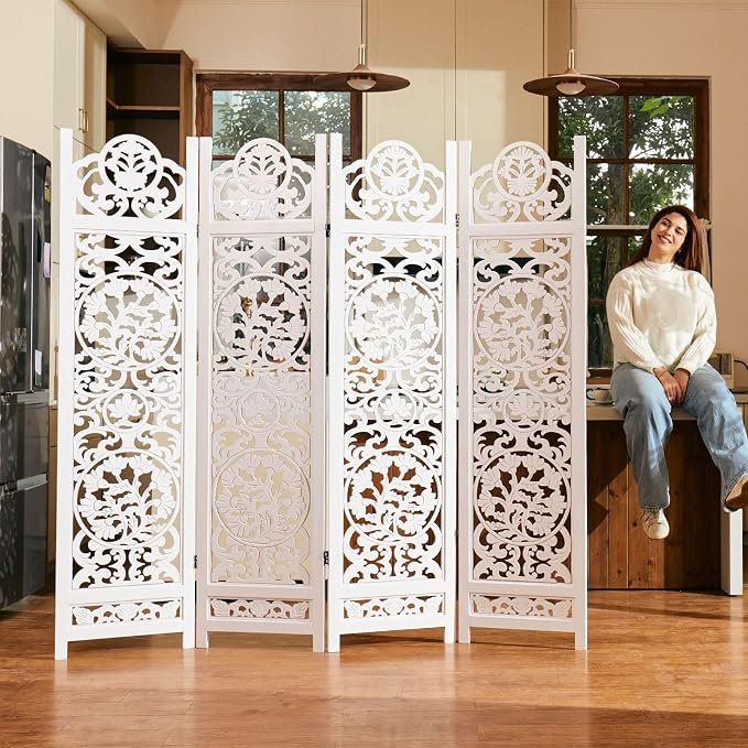 5.75Ft Room Divider Wood Screen, 33Lbs Durable MDF Carved Rustic Style Headboard - Image 3