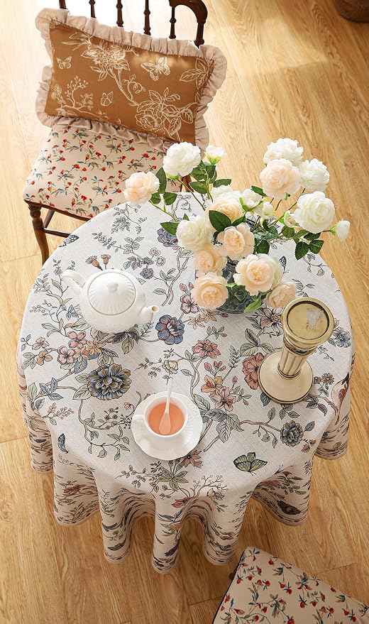 ISAENNE Designer French Light Beige Round Tablecloth, Linen Florals and Birds - Image 7