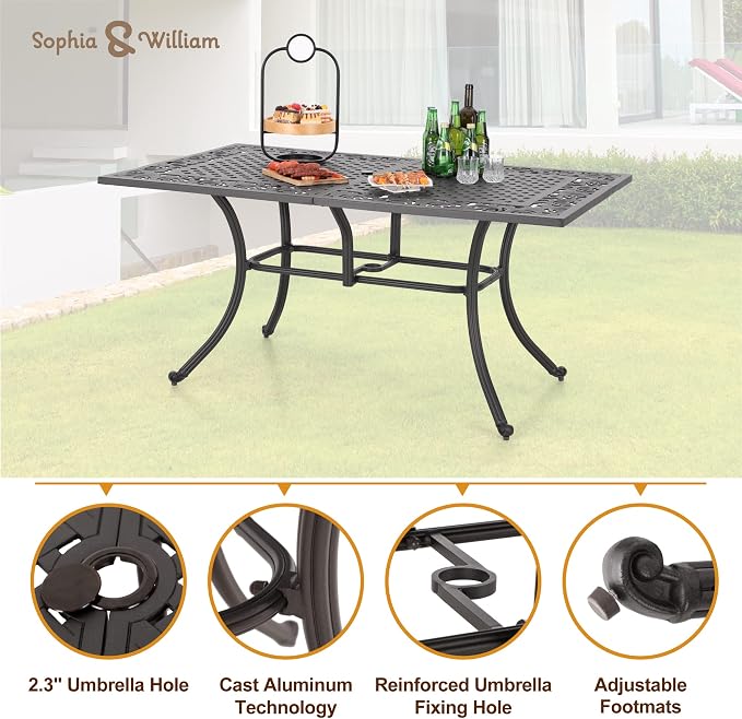 Sophia & William 6-Person Rectangular Cast Aluminium Outdoor Dining Table - Image 2
