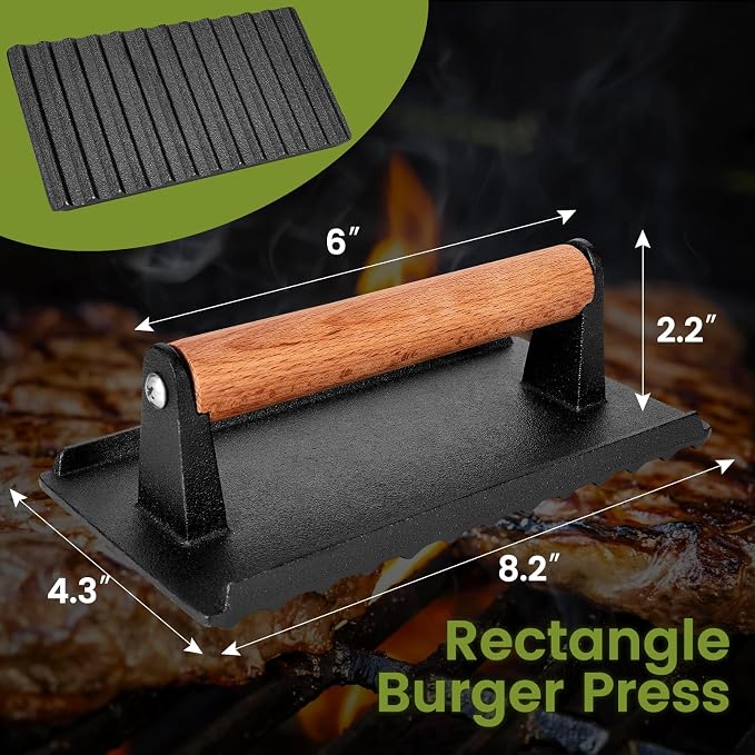 Burger Press, 8.3”X4.3”Rectangle Heavy-Duty Cast Iron Smash Burger Press - Image 2
