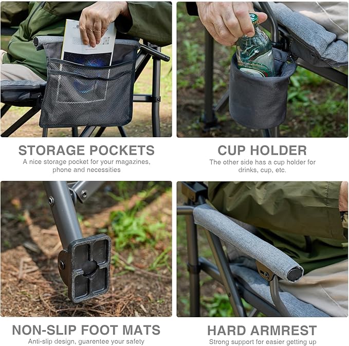 Folding Camping Chair 2-Pack, Grey, Padded High Back, Steel Frame
