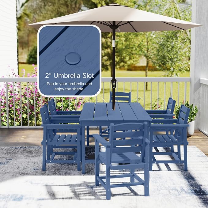 7 Piece Patio Dining Set with 11ft Patio Umbrella, 7 Navy Outdoor HDPE Dining - Image 7