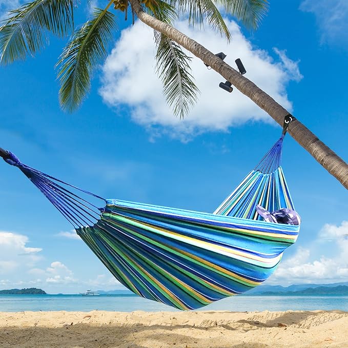 Hammock for Camping in Cotton, Blue/Yellow/Green Stripe, 106 x 59 Inch