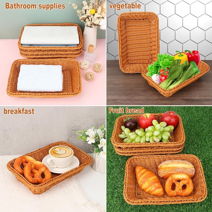 6 Pack 12 Inch Brown Poly Wicker Bread Baskets, Rectangular Wicker Bread Basket - Image 7