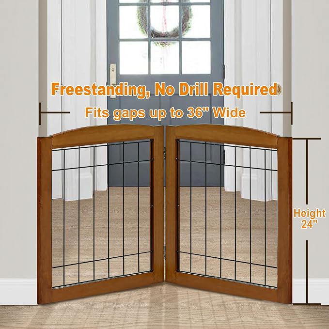 LZRS 2-Panel Freestanding Foldable Wood Dog Gate – Solid Wood & Steel Wire - Image 2