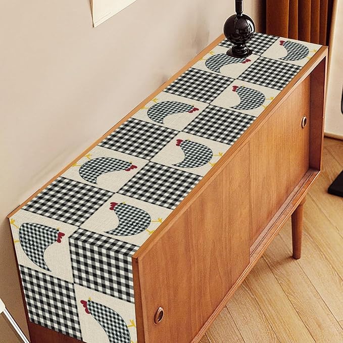 Farmhouse Rooster Table Runner, Rustic Farm Chicken Black White Plaid Buffalo - Image 3