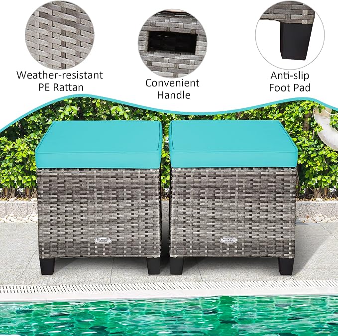 Tangkula 2 Pieces Patio Rattan Ottomans, Outdoor Wicker Footstool Footrest Seat - Image 6