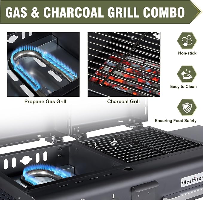 Propane Gas Griddle Charcoal Grill Combo Flat Top Griddle W/Dual Lids & 2 Side - Image 2