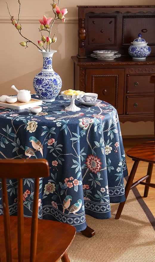 patdrea Designer Dark Blue Linen Round Tablecloth, Vintage Navy French Floral - Image 7