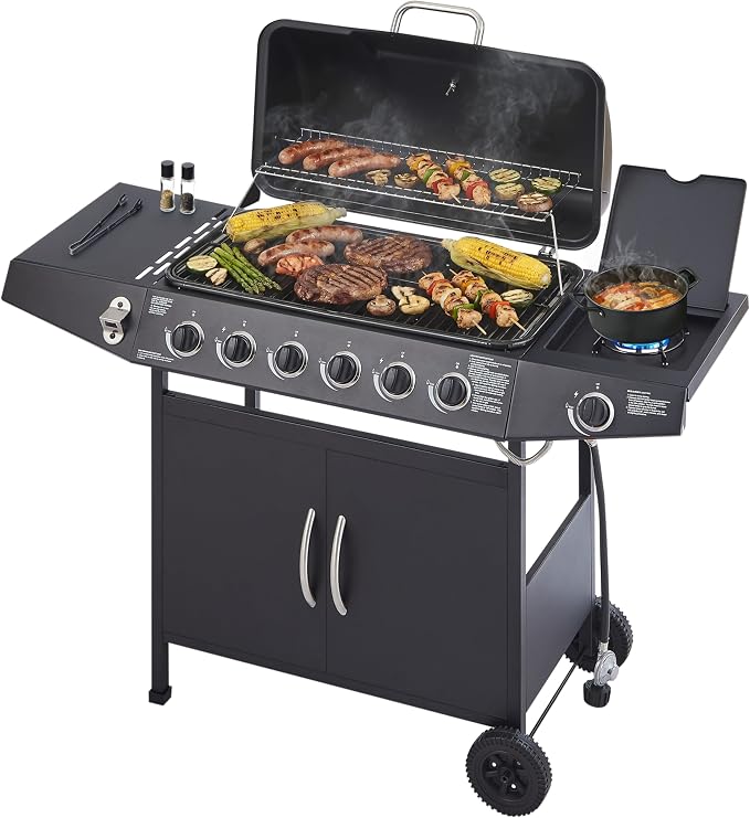 Propane Gas BBQ Grill with 6-Burner and Side Burner 59000 BTU Stainless Steel by Unknown
