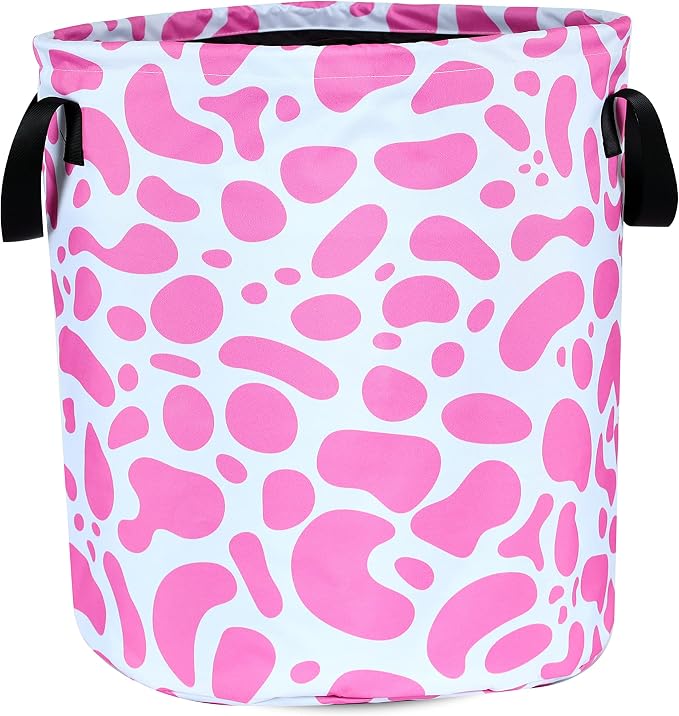 Pink Cow Print Laundry Basket Animal Foldable Oxford Cloth Funny Tote Bag by NUTAINLA