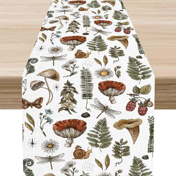 Mushroom Table Runner, Rustic Farmhouse Forest Plants Botanical Country Coffee by Unknown