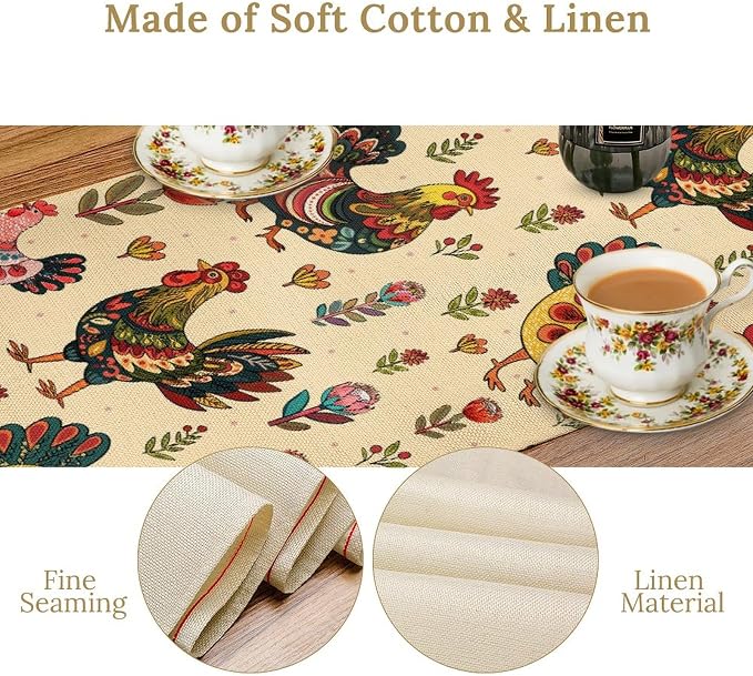 Rustic Farm Animal Table Runner, Vintage Rooster Boho Flowers Table Runner - Image 4