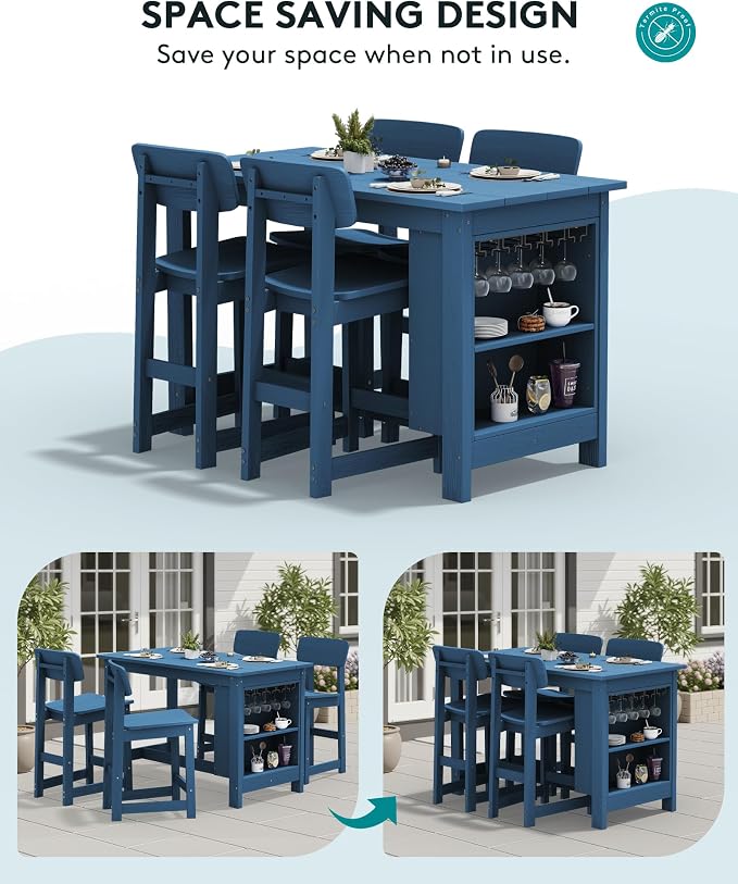 SERWALL Outdoor Bar Table and Chairs Set, 3-Piece HDPE Counter Height Patio - Image 4