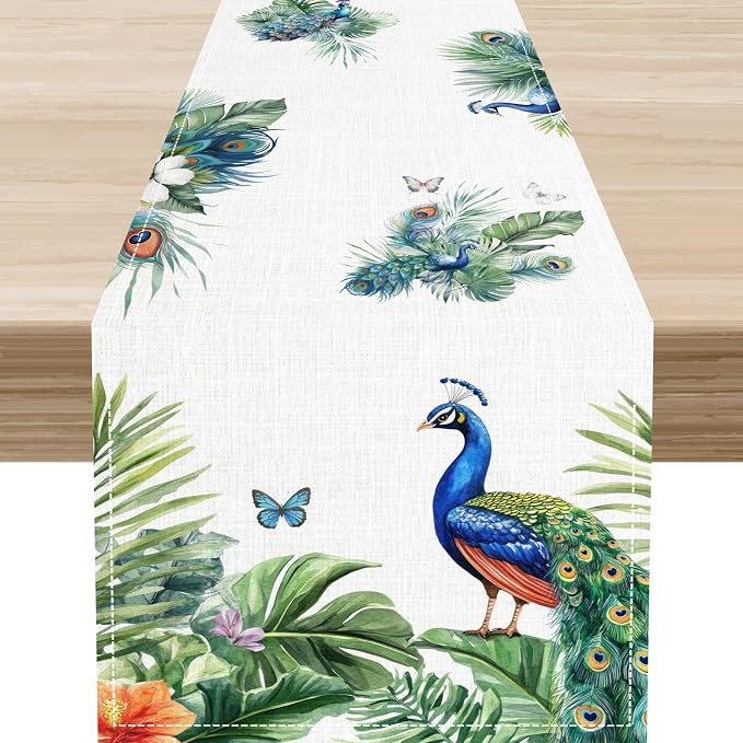 Peacock Table Runner, Traditional Chinese Style Peacock Feather Bird Floral by Unknown