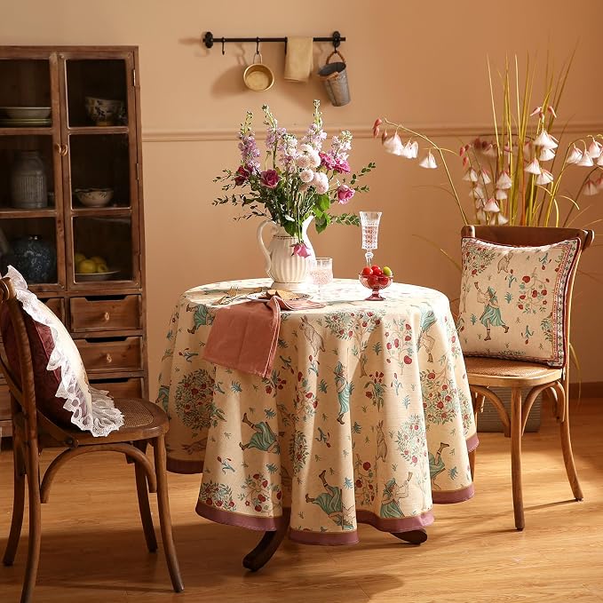 patdrea Designer Linen Beige Round Tablecloth, Vintage Italian Trees Pattern - Image 9