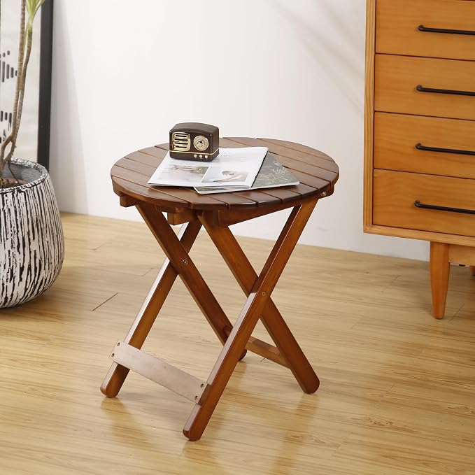 Outdoor Small Table Round Folding Side Table, Foldable Wooden End Table - Image 2
