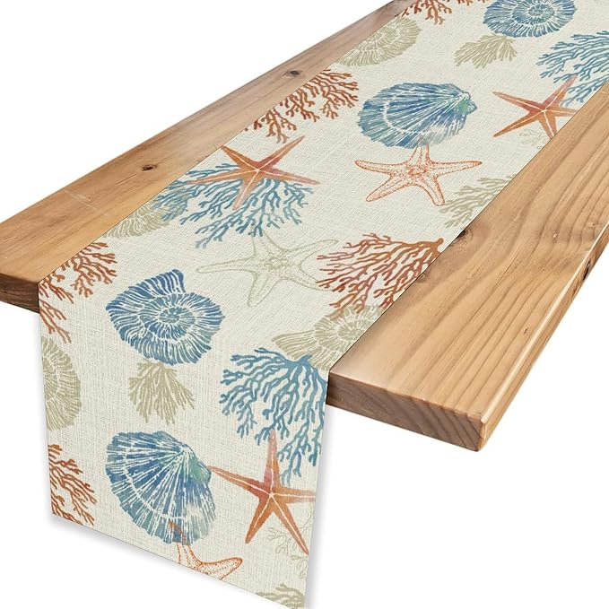 Coastal Table Runner, Rustic Farmhouse Nautical Starfish Seashells Coral - Image 4