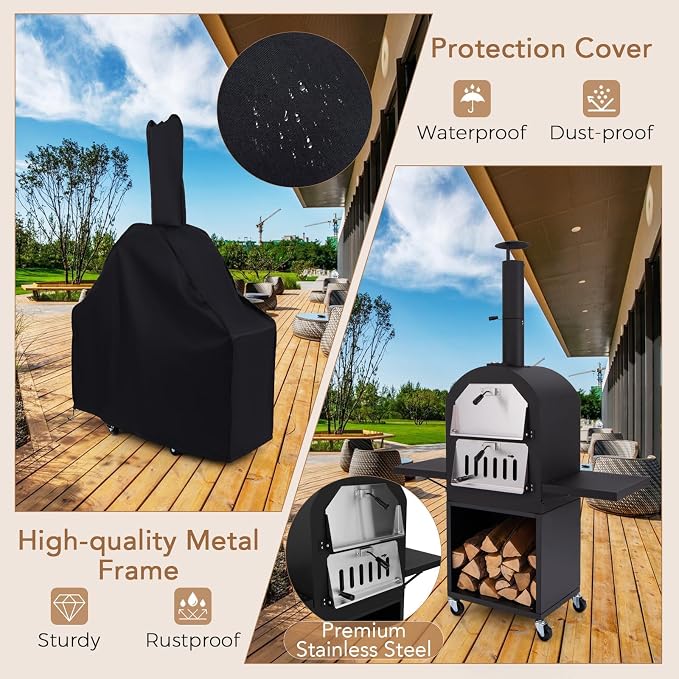 HAPPYGRILL Outdoor Wood Fired Pizza Oven w/Firewood Storage, Side Shelves - Image 6