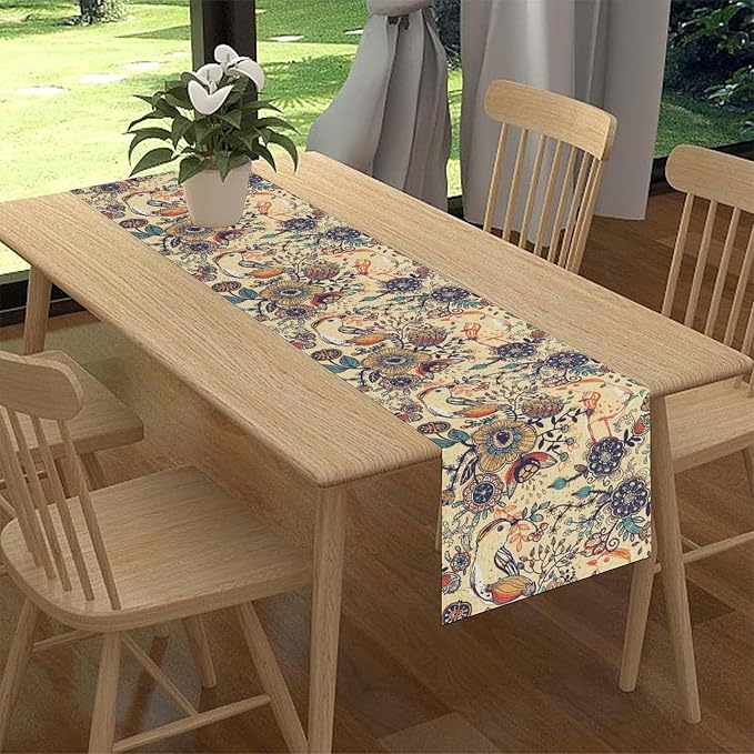 Beige Paisley Table Runner, Rustic Damask Antique Floral Flower Retro Boho - Image 2