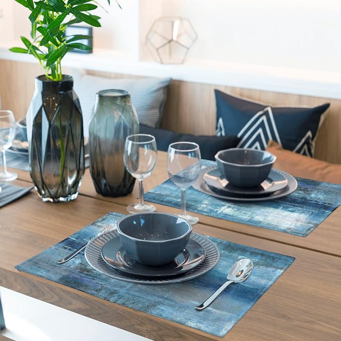 Modern Art Placemats Set of 4 Blue and Grey Abstract Painting Place Mats - Image 4