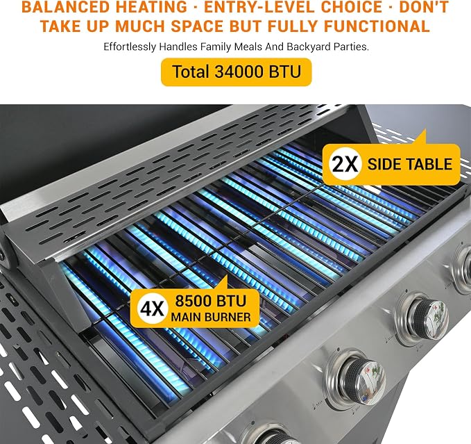 4-Burner Stainless Steel Gas Grill | 34, 000 BTU Total Output & 421 sq.in - Image 5